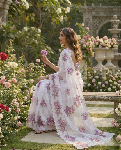 Floral Printed Saree with Scalloped Border