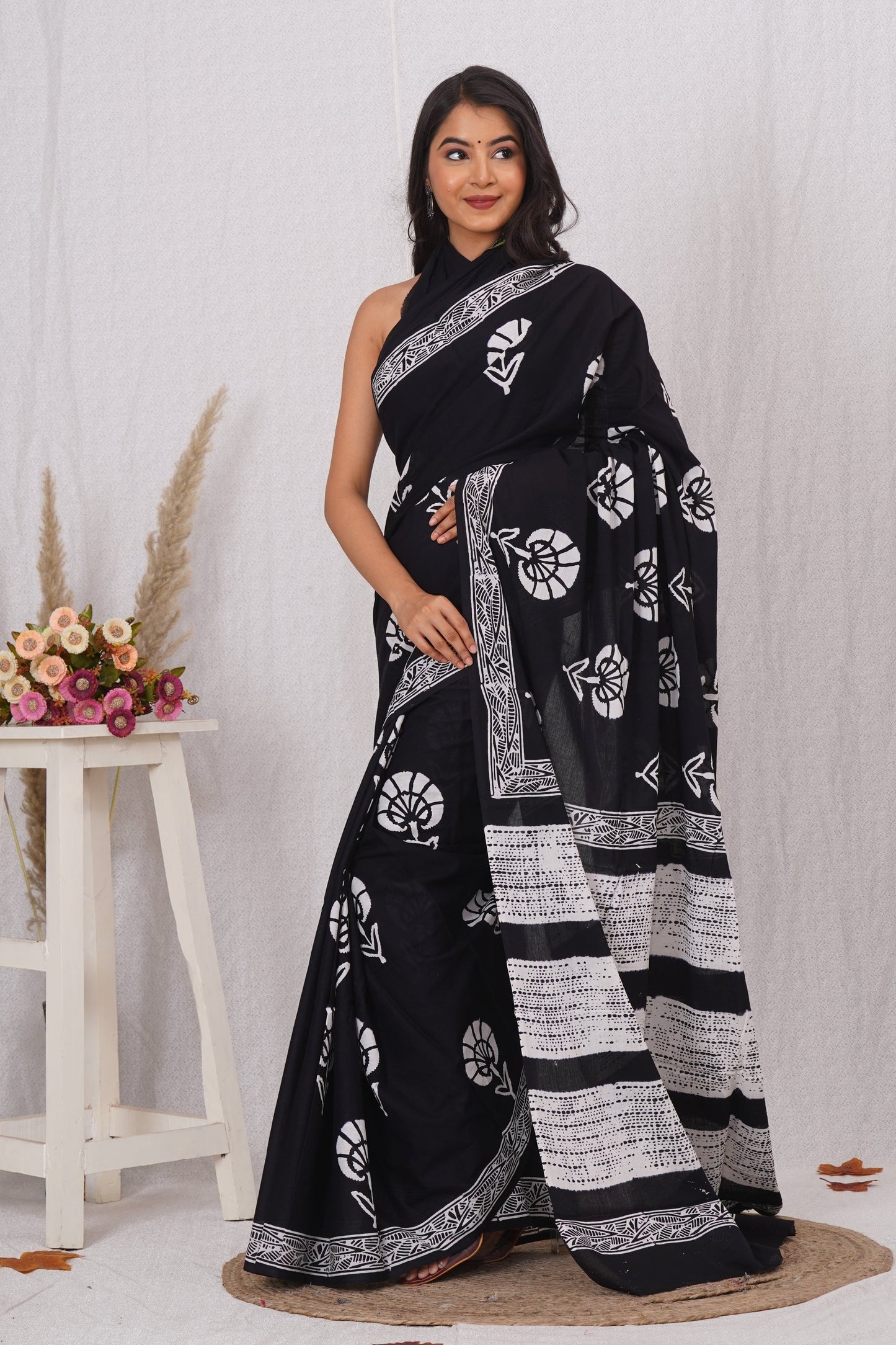 Classic Black and White Floral Saree