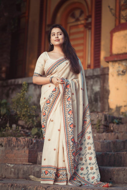 Ivory White Madhubani Style Linen Saree