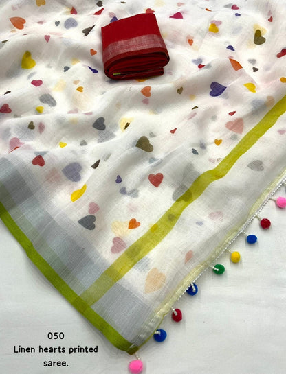 White base with multicolored Hearts Printed Linen Saree