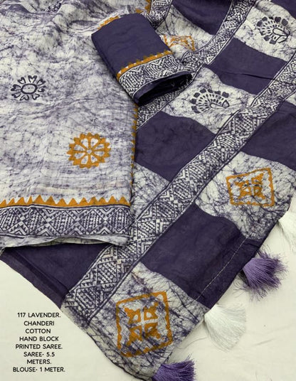 Lavender Hand-Block Printed Chanderi Cotton Saree