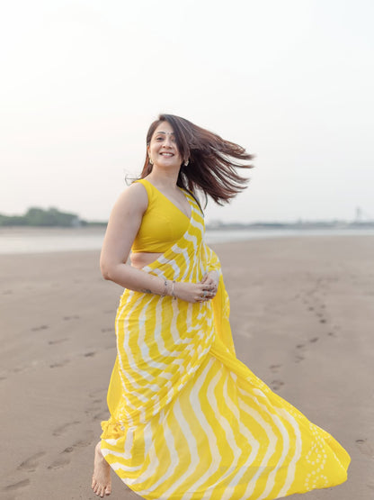 Radiant Yellow Chevron Leheriya Saree with Tassels