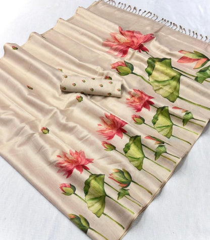 Cream Lotus Painted Erode Silk Saree