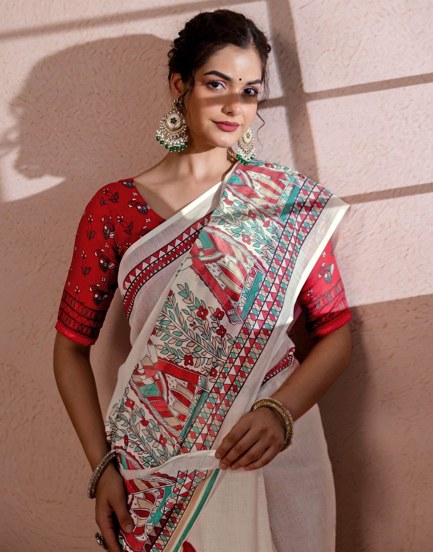 Off-White Linen Saree with Red and Teal Folk Art Print
