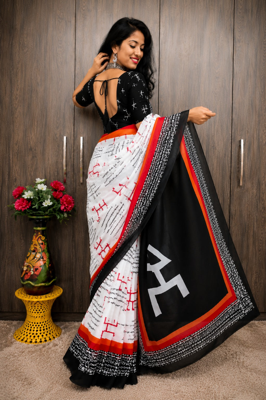 White and Black Saree with Script Print