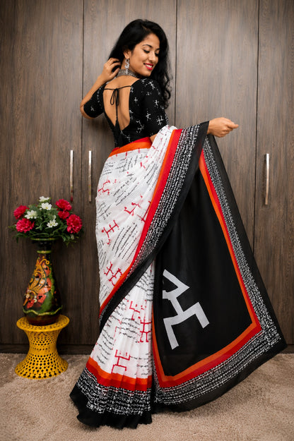 White and Black Saree with Script Print