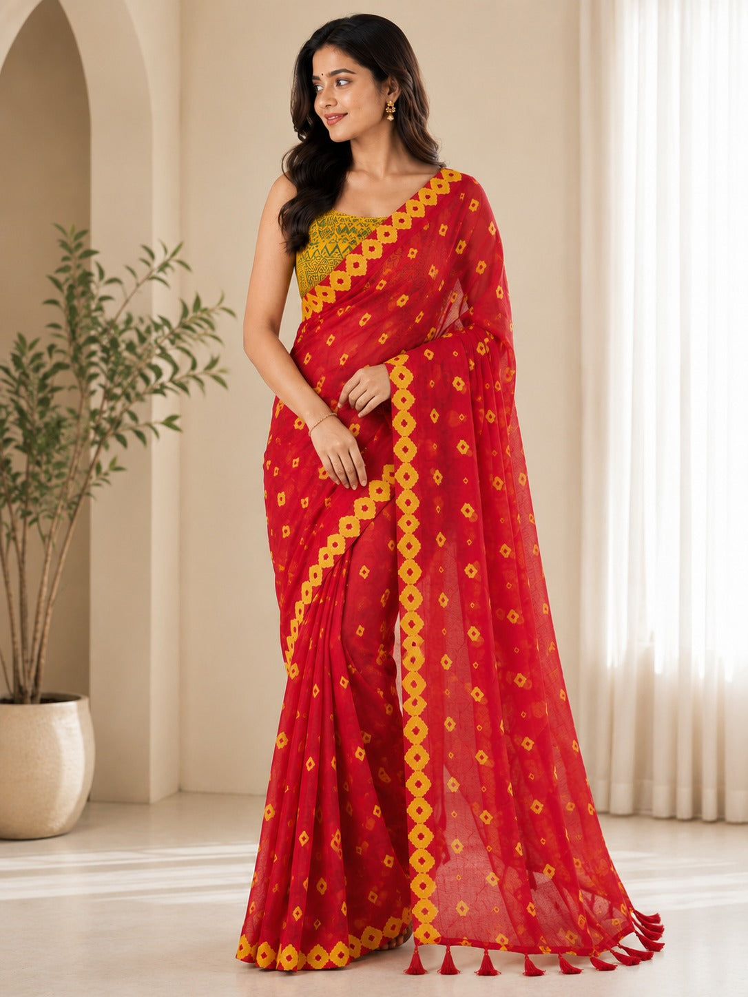Red and Yellow Patterned Saree