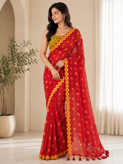 Red and Yellow Patterned Saree