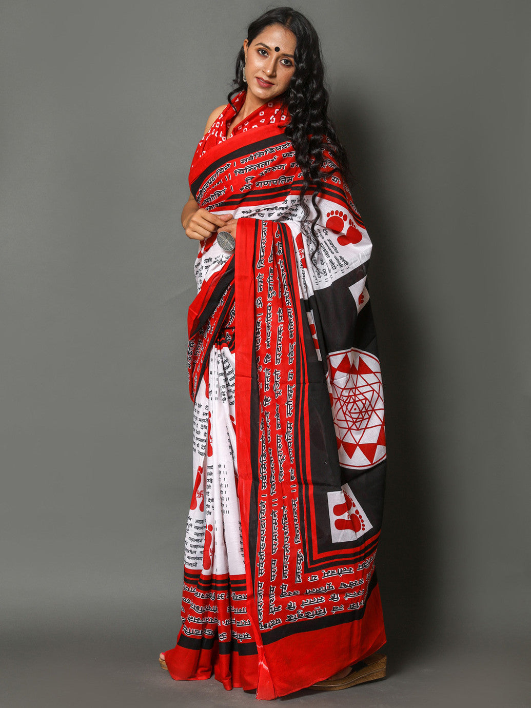 Bold Red Spiritual Motif Printed Saree with Bandhani-Style Blouse