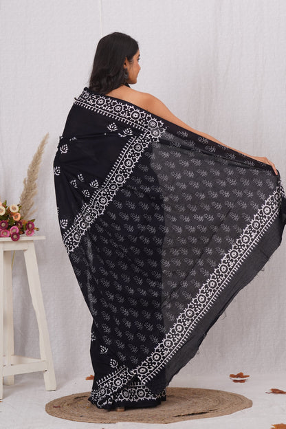 Classic Black and White Floral Batik Saree
