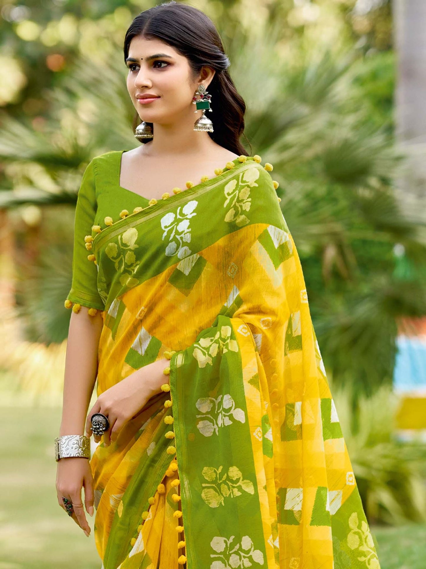 Yellow and Olive Green Printed Saree with Pom-Pom Lace