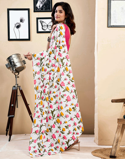 White Floral Printed Saree with Vibrant Pink Accents