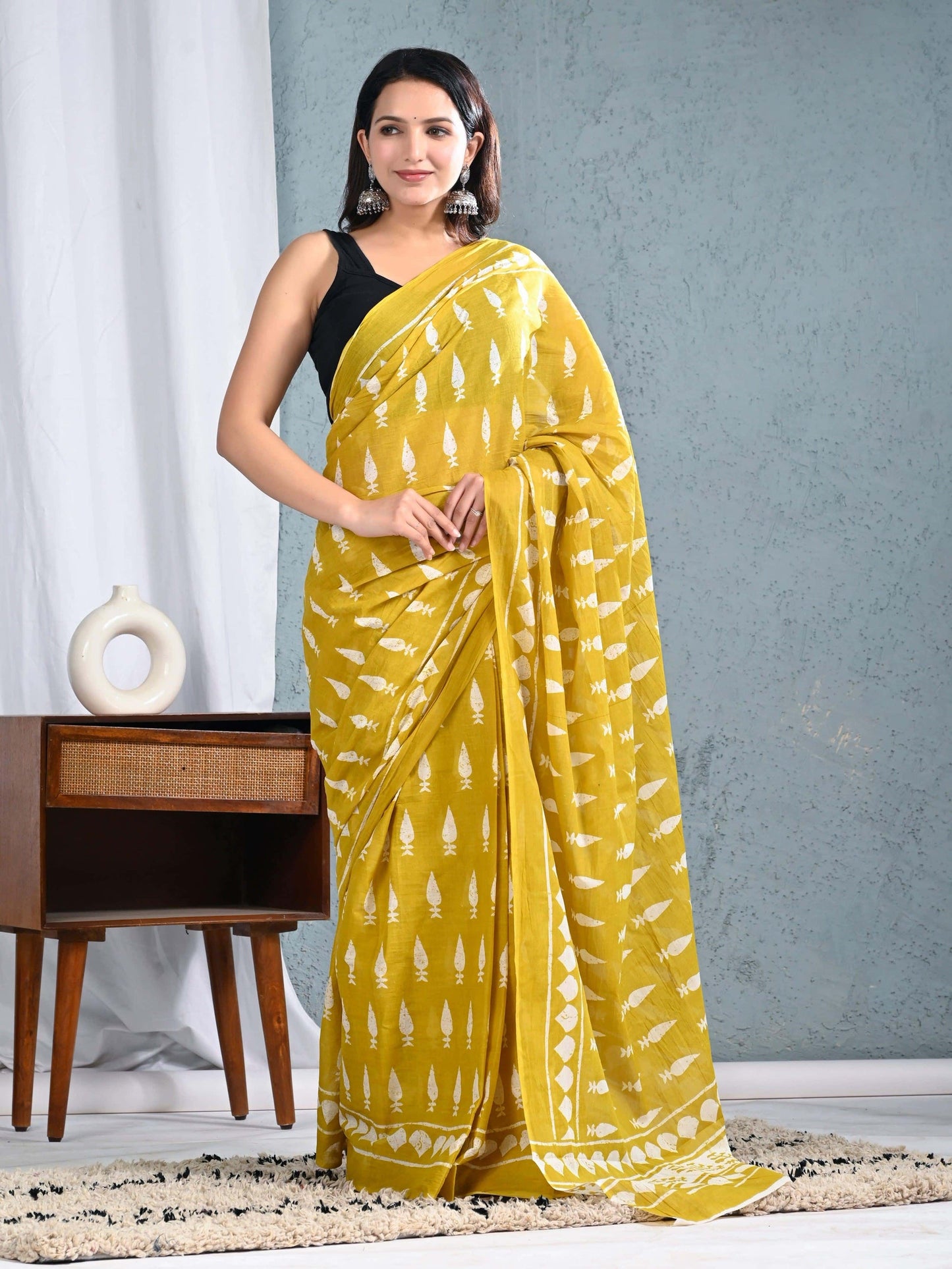Mustard Yellow Cotton Saree with White Block Prints