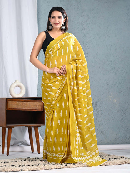 Mustard Yellow Cotton Saree with White Block Prints