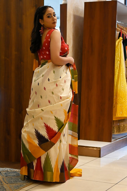 Off-White Ikat-Patterned Saree with Multicolored Accents