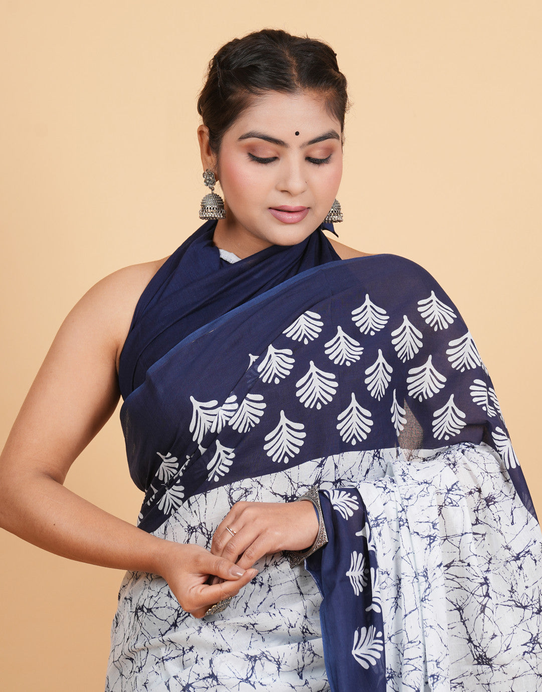 Navy Blue and White Batik-Style Saree