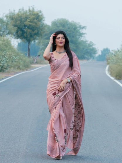 Pastel Pink Floral Printed Saree with Matching Blouse