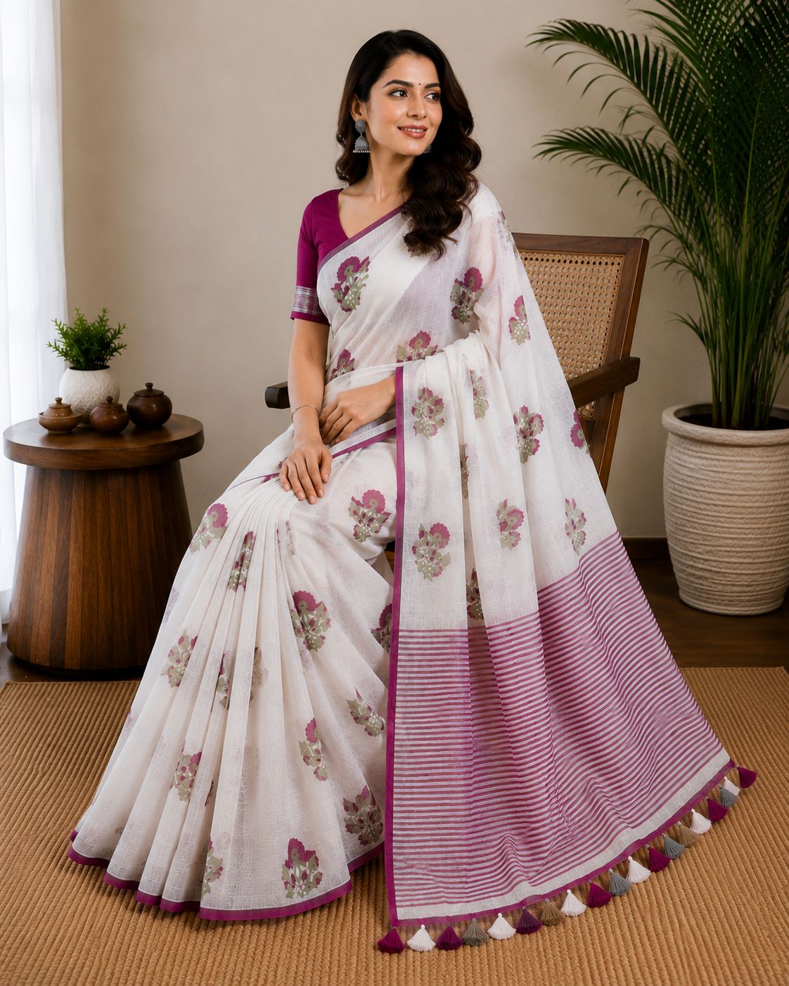 White Rose-Printed Linen Saree with Tassel Detail