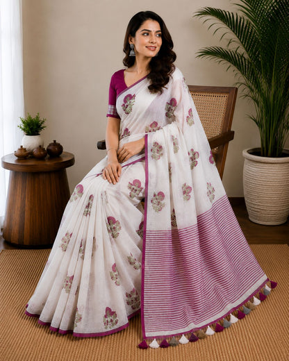 White Rose-Printed Linen Saree with Tassel Detail