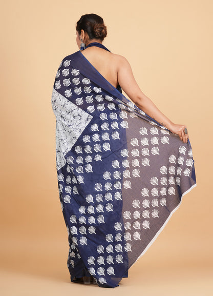 Navy Blue and White Batik-Style Saree