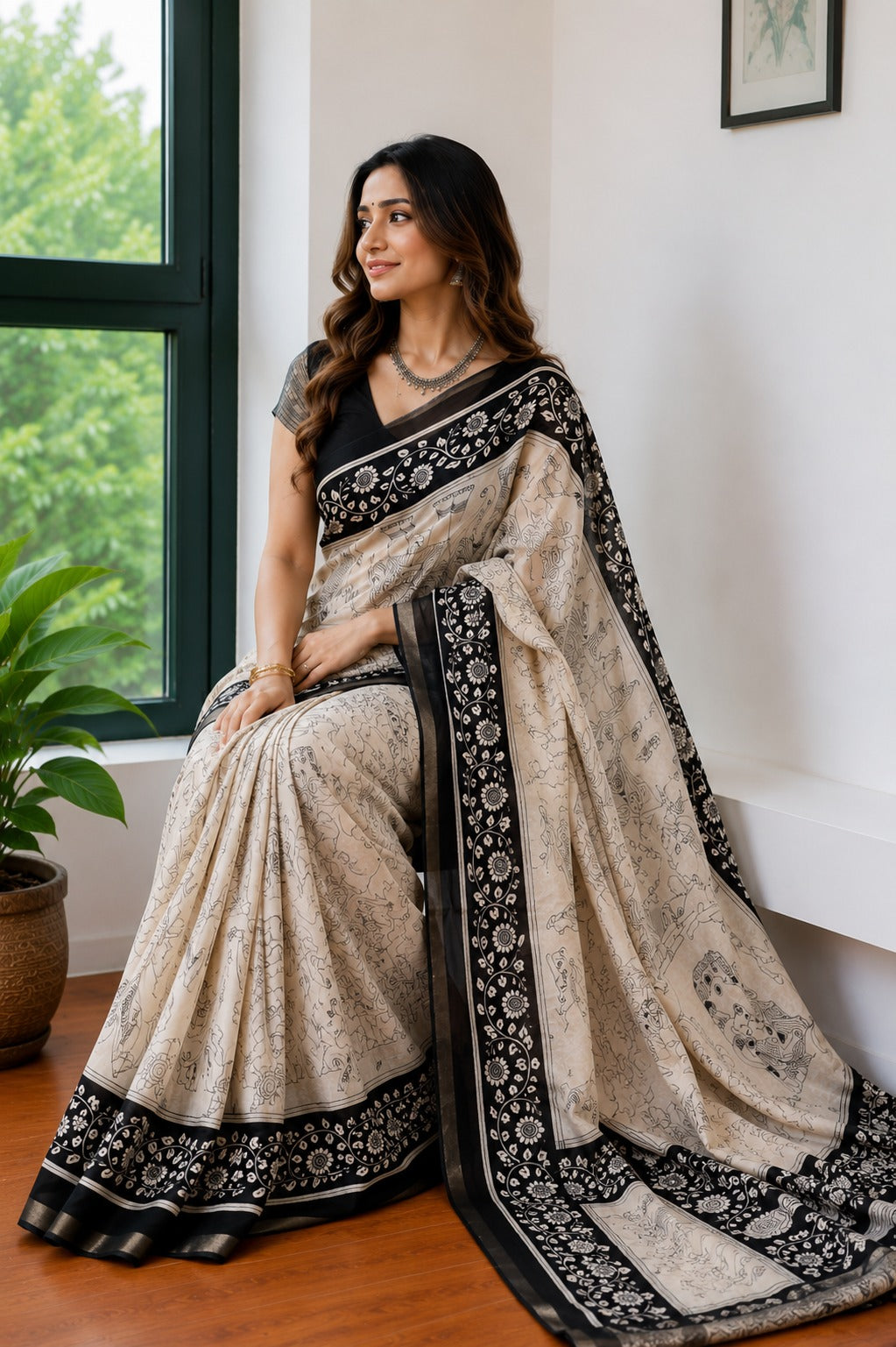 Beige and Black Kalamkari-Style Printed Saree