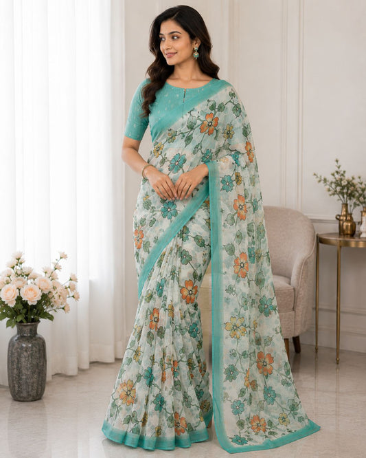 Floral Pastel Saree with Teal Border