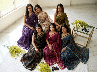 Deep Purple Floral Paisley Printed Saree with Zari Border