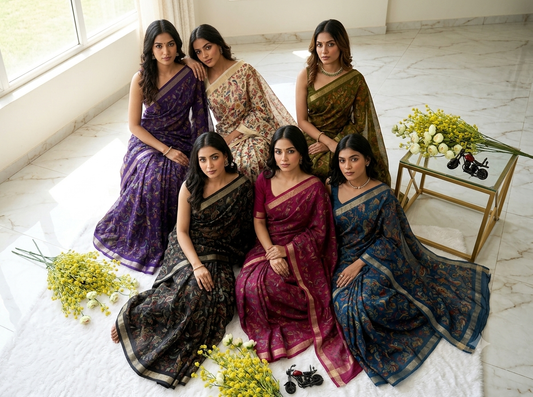 Deep Purple Floral Paisley Printed Saree with Zari Border
