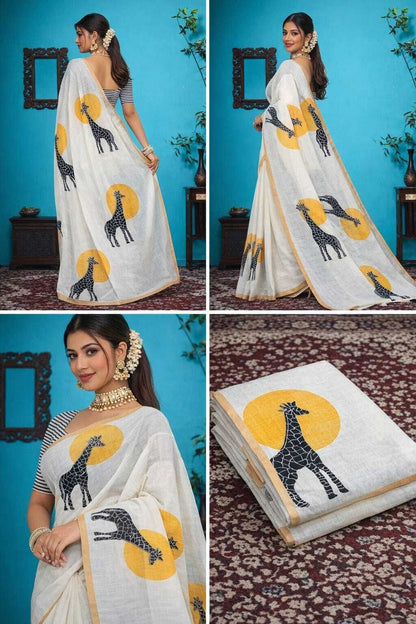 Whimsical Giraffe Motif Saree with Striped Blouse