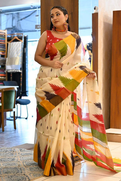Off-White Ikat-Patterned Saree with Multicolored Accents