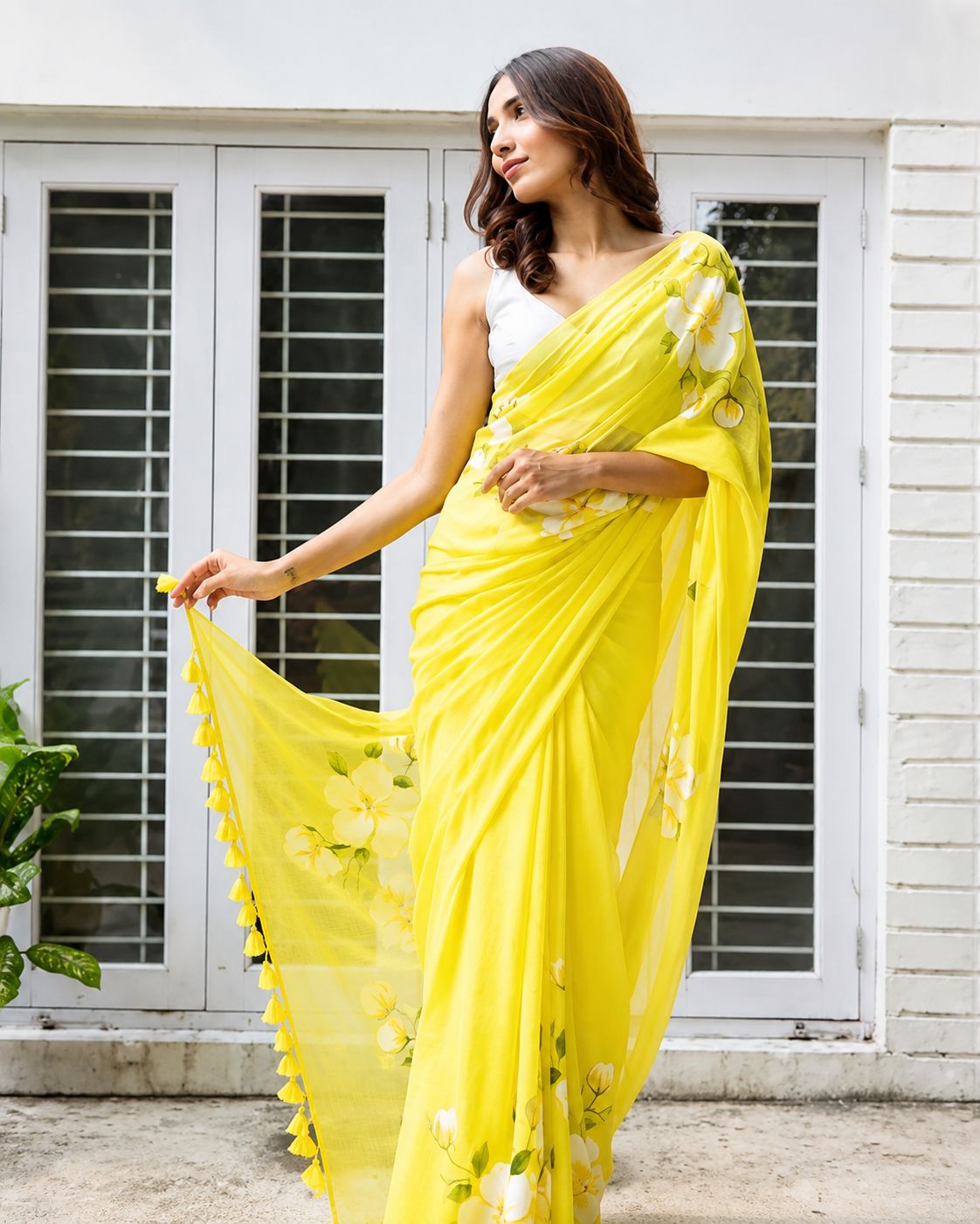 Radiant Yellow Hand-Painted Floral Saree