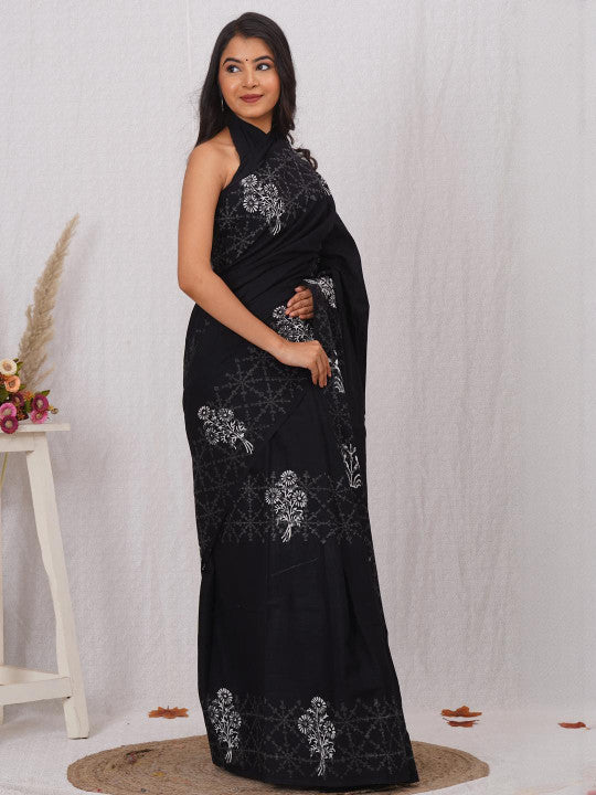 Black Floral Printed Saree with Geometric Details