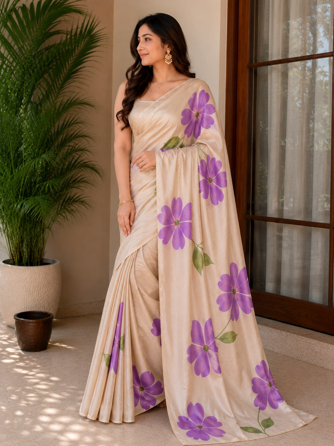 Cream and Purple Floral Erode Silk Saree