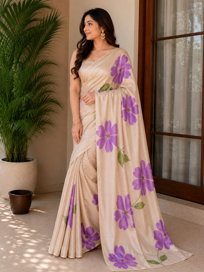Cream and Purple Floral Erode Silk Saree
