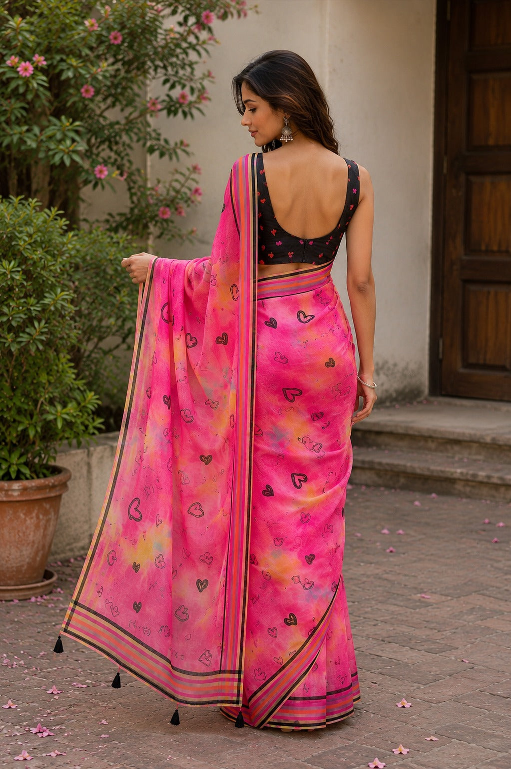 Vibrant Pink Heart-Print Saree with Multicolored Border