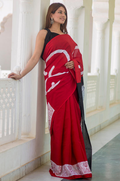Vibrant Red and Black Abstract Printed Saree