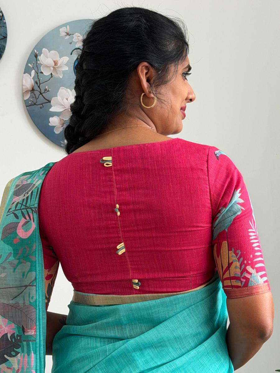 Teal Blue Linen Saree with Tropical Flamingo Print