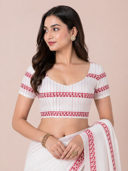 White Saree with Traditional Red Embroidery
