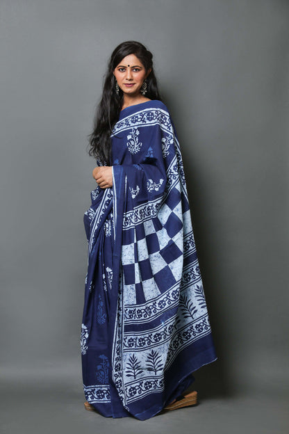 Indigo Blue Block-Printed Saree with Geometric Pallu