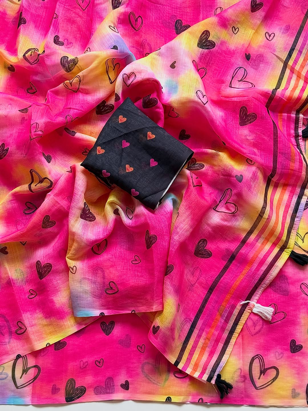Vibrant Pink Heart-Print Saree with Multicolored Border