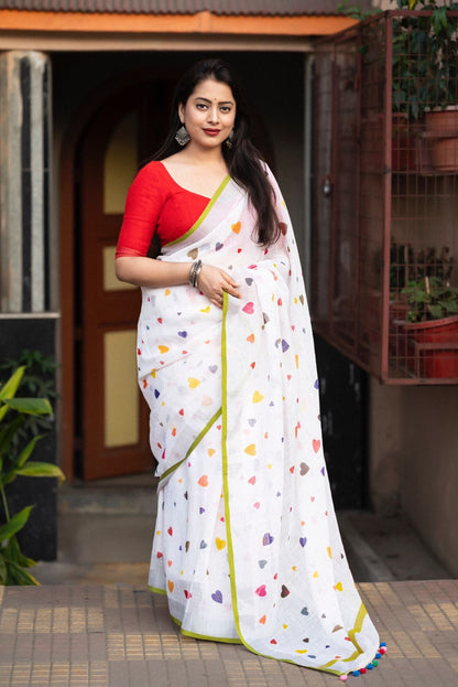 White base with multicolored Hearts Printed Linen Saree