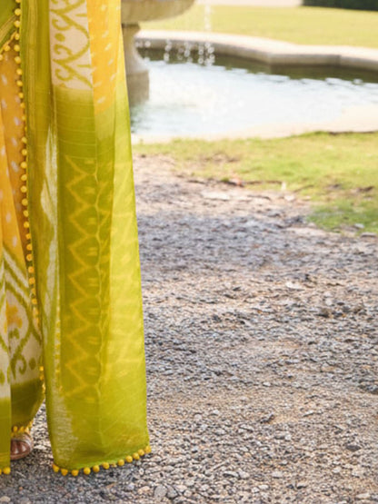 Yellow and Olive Green Ikat Print Saree with Pom-Pom Lace