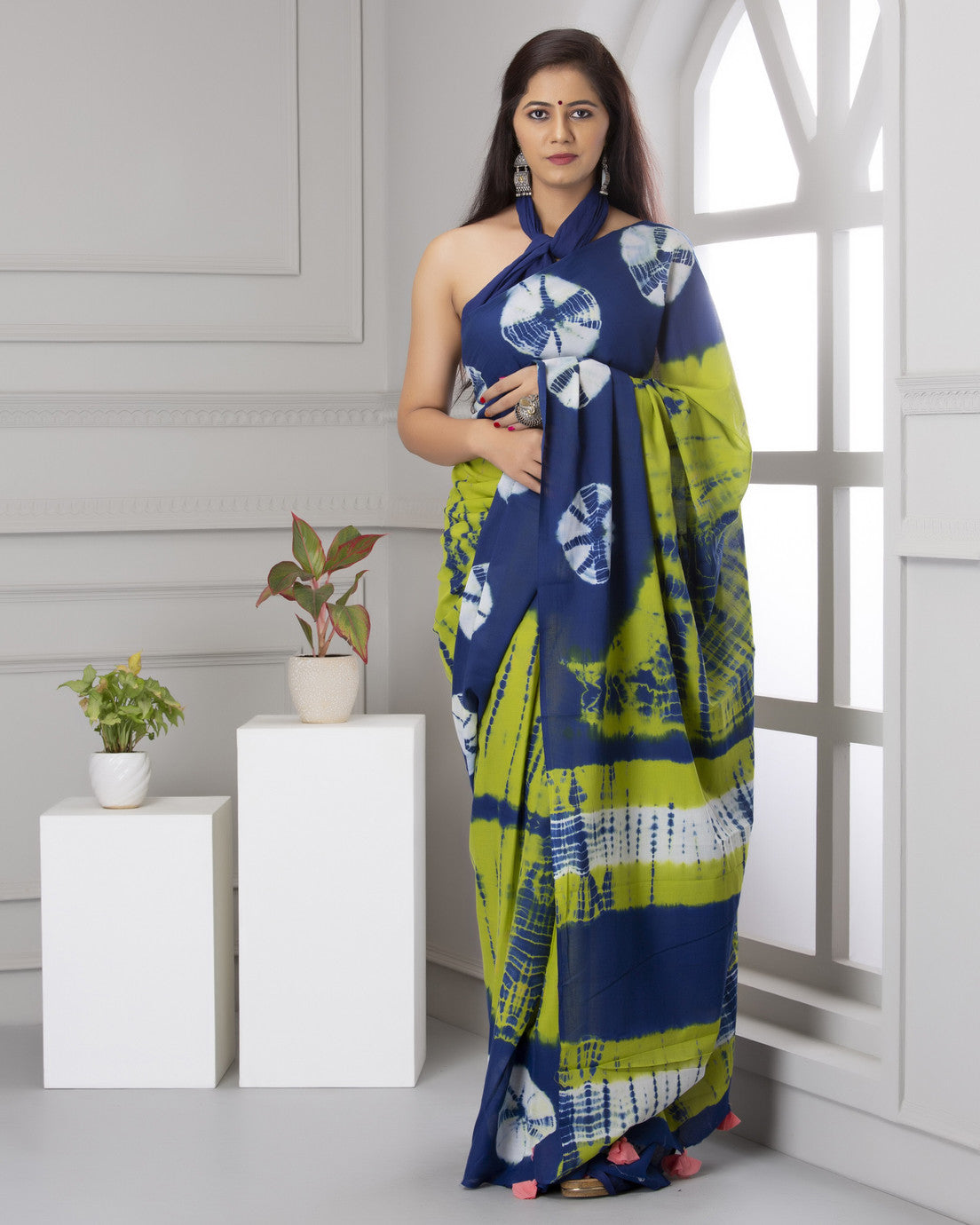 Lime Green and Indigo Tie-Dye Saree