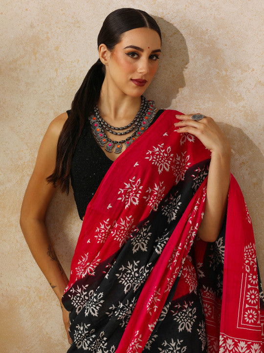Black and Pink Floral Block-Print Saree