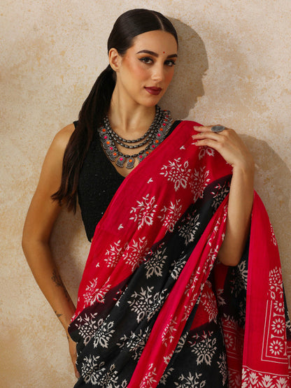 Black and Pink Floral Block-Print Saree
