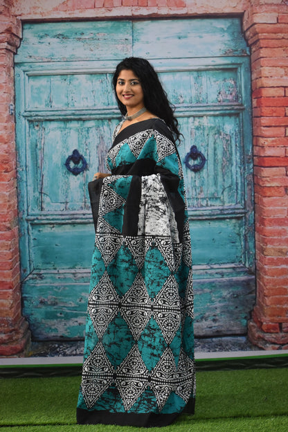 Teal and Black Diamond-Motif Batik Saree