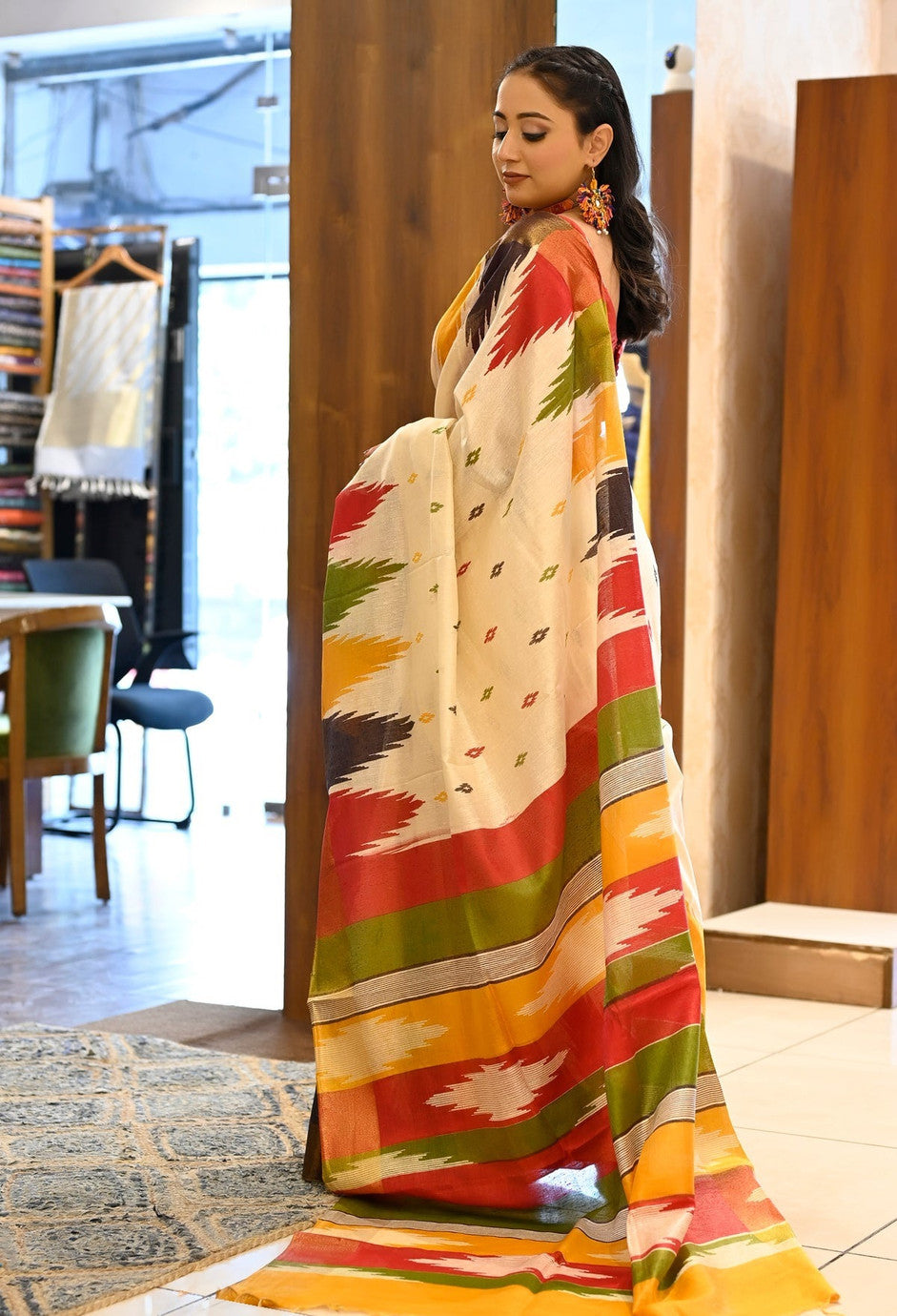 Off-White Ikat-Patterned Saree with Multicolored Accents