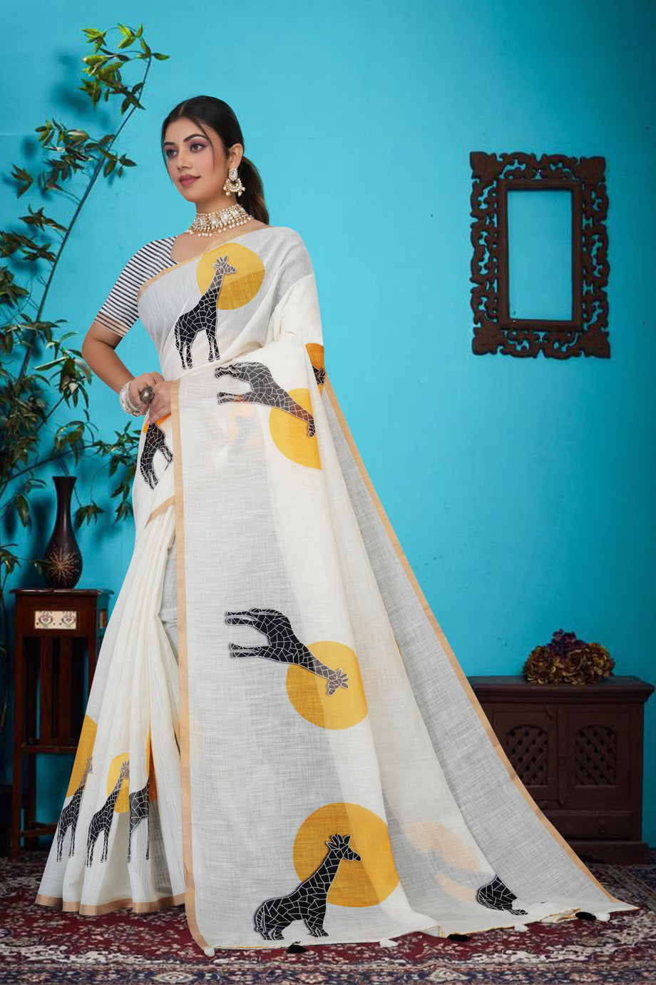 Whimsical Giraffe Motif Saree with Striped Blouse