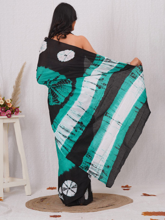 Black and Teal Abstract Tie-Dye Saree