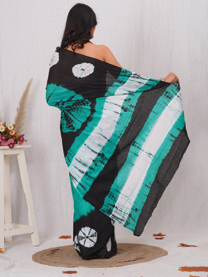 Black and Teal Abstract Tie-Dye Saree